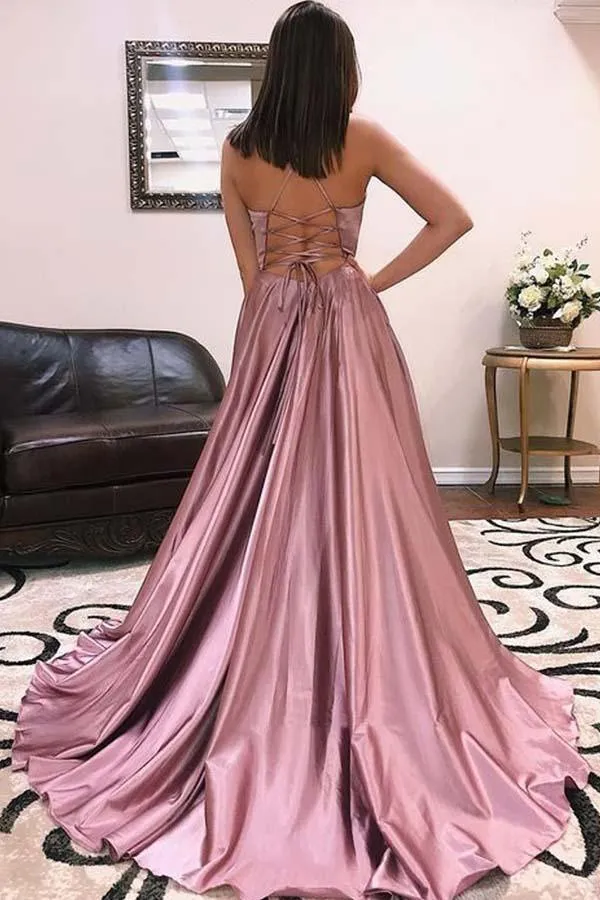 A Line V Neck Spaghetti Straps Cross Back Blush Long Prom Dresses PG818