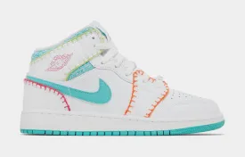 Air Jordan 1 Mid Multi Knit Grade School Lifestyle Shoes (White/Multi)