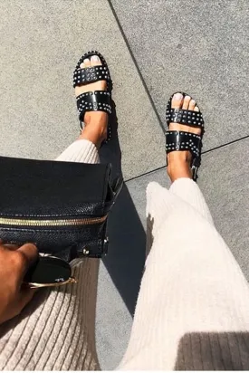 Black Studded Double Strap Sandals - Rosselyn