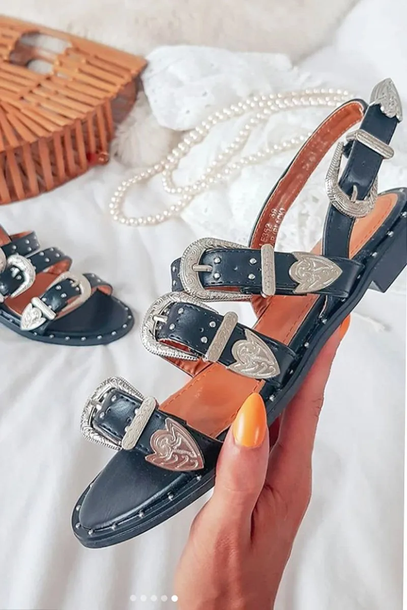 Black Western Multi Buckle Sandals - Camile