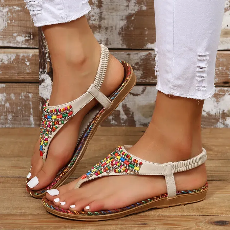 Bohemian Style Flat Sandals for Women - Low Heels, Peep Toe, PU Material