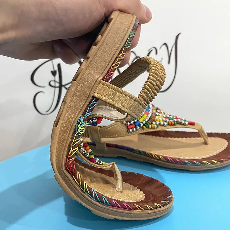 Bohemian Style Flat Sandals for Women - Low Heels, Peep Toe, PU Material