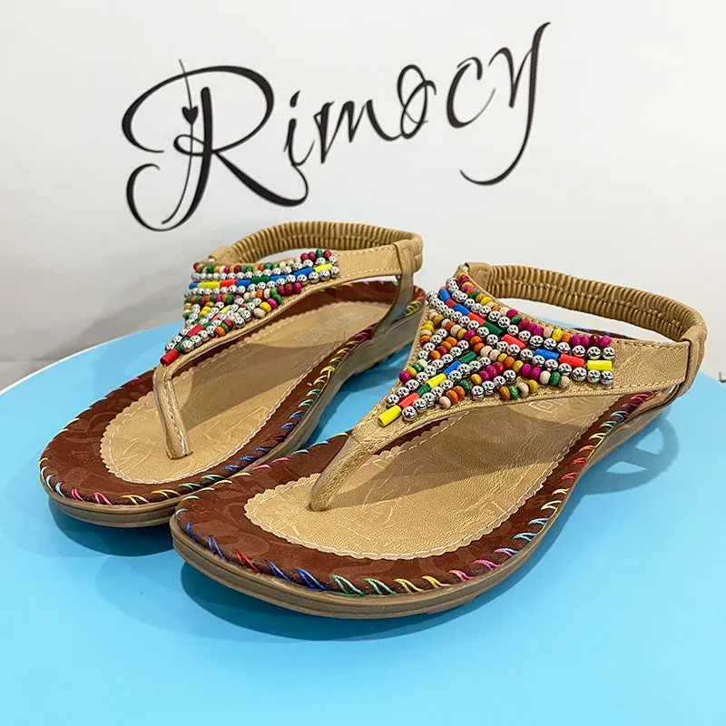 Bohemian Style Flat Sandals for Women - Low Heels, Peep Toe, PU Material