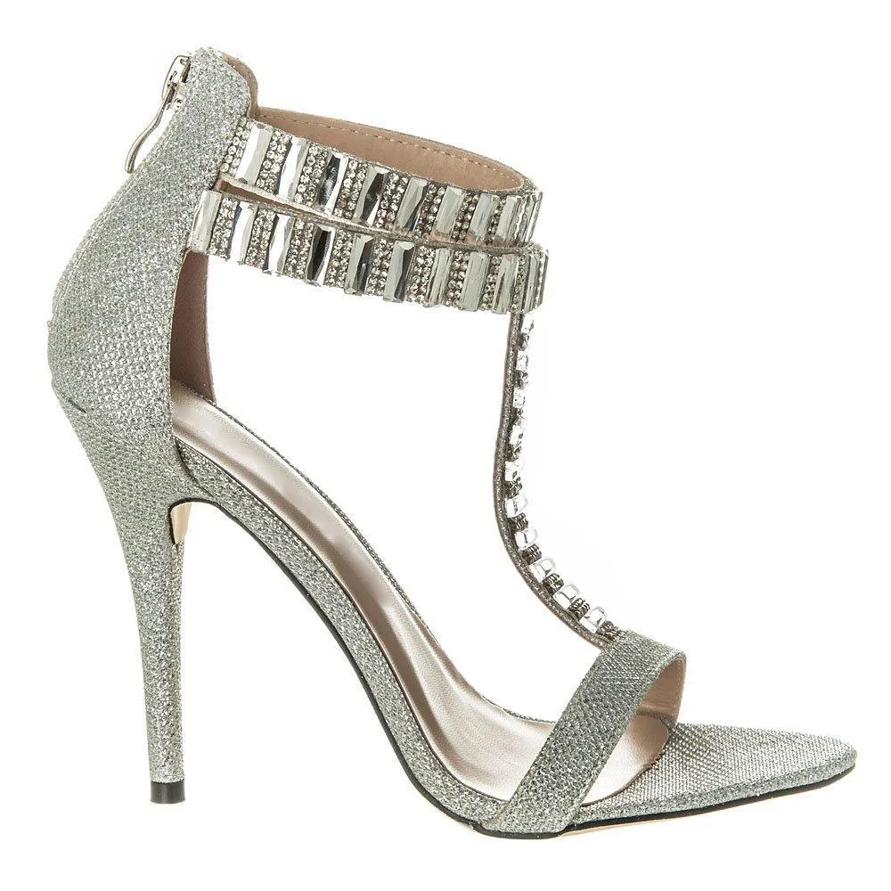 Forget Me Not High Heel Jewel And Diamante T-Bar Sandal