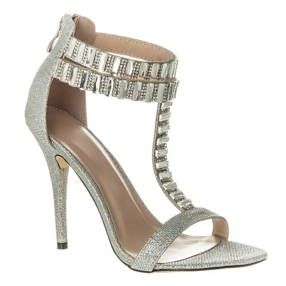 Forget Me Not High Heel Jewel And Diamante T-Bar Sandal