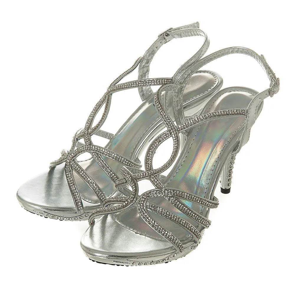 High Heel Strappy Diamante Open Toe Sling Back Sandal