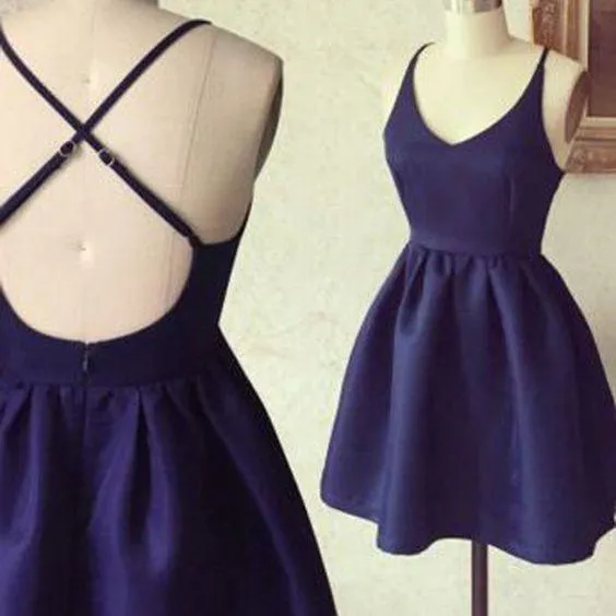 Homecoming Dress Dark Navy Criss-Cross Straps Short Prom Dress  PD370