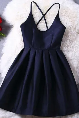 Homecoming Dress Dark Navy Criss-Cross Straps Short Prom Dress  PD370