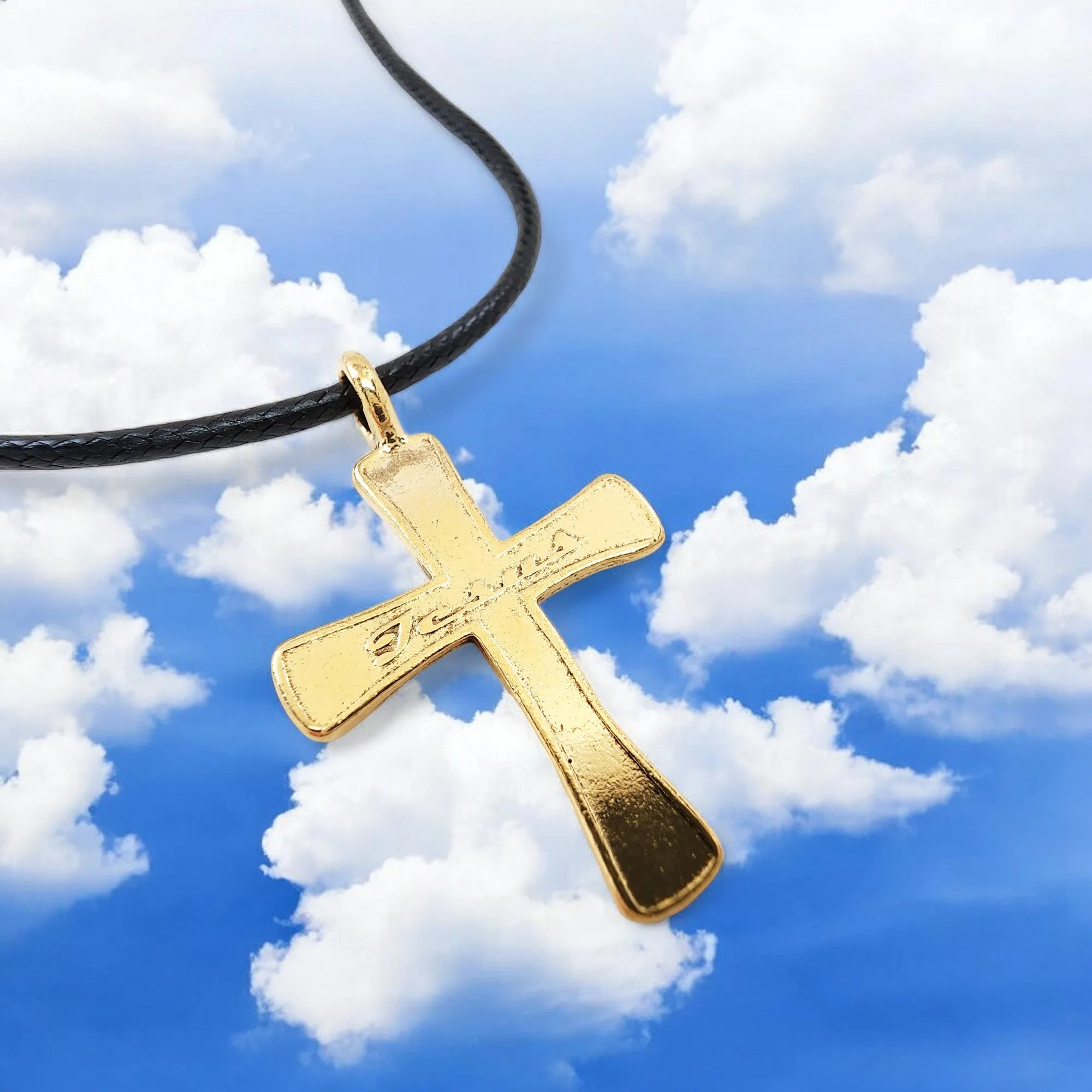 Jesus Cross Gold Metal Finish Black Cord Necklace