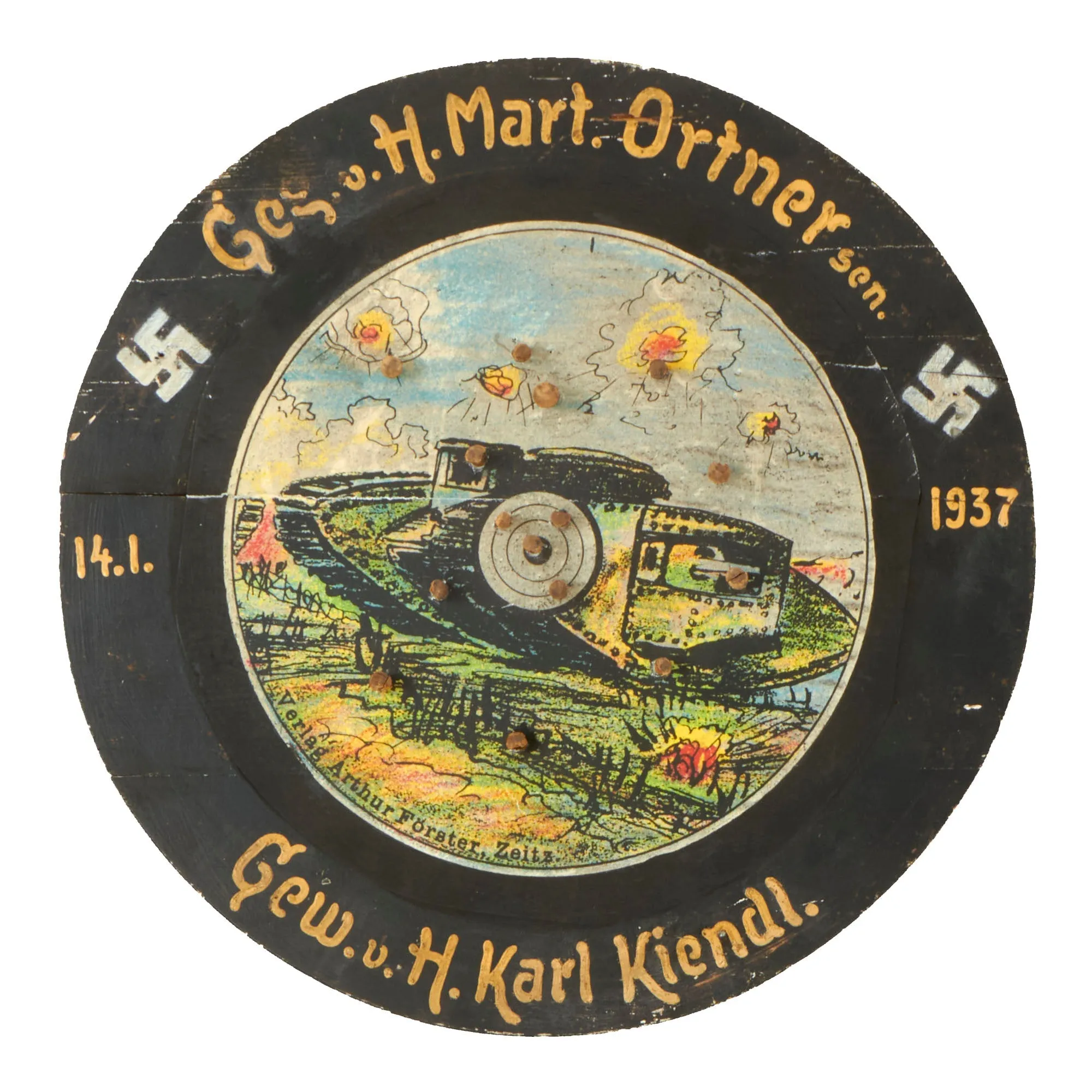 Original German WWII Rifle Training Paper Target with British Mark IV Tank Illustration Mounted on Display Board - 15 1/2" Wide