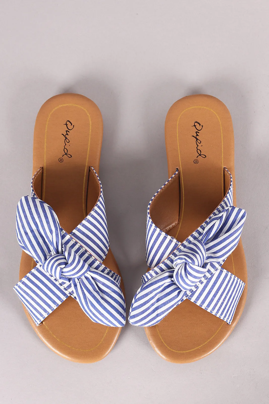 Qupid Knotted Bow Accent Cross Band Slide Flat Sandal