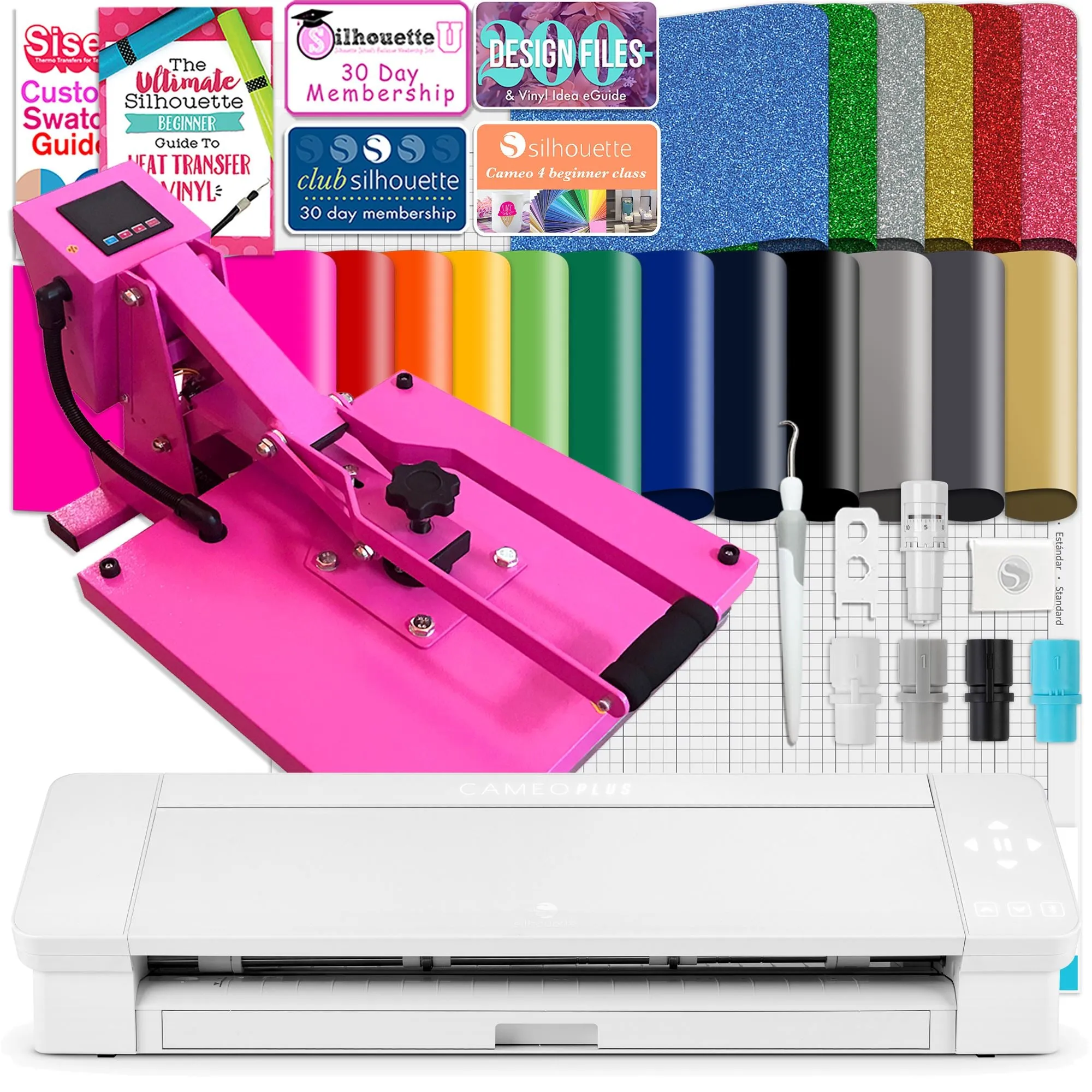 Silhouette Cameo 4 PLUS - 15" w/ 15" x 15" Pink Slide Out Heat Press Bundle