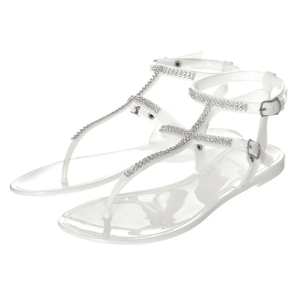 Snow White Flat Diamante  Gladiator T-Bar Sandal