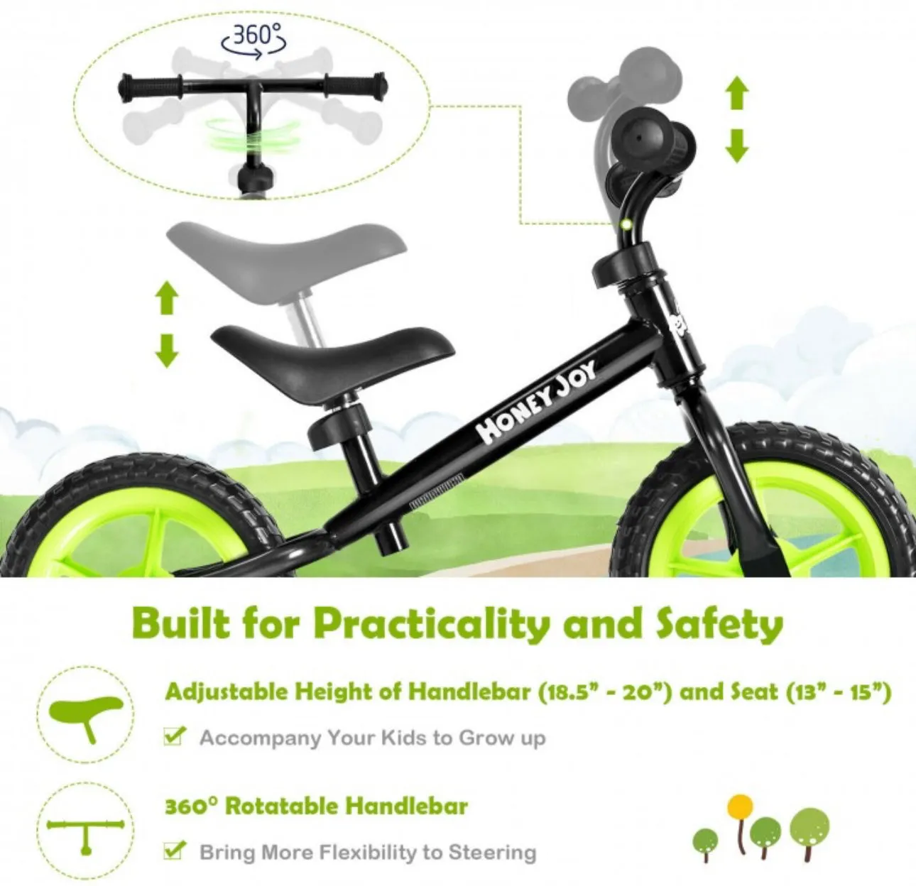 Super Cool Fun Kids No Pedal Balance Bicycle Bike Adjustable Seat, Handles Ages 2.5-5 | Very Light | Heavy Duty | Eva Rubber Wheels