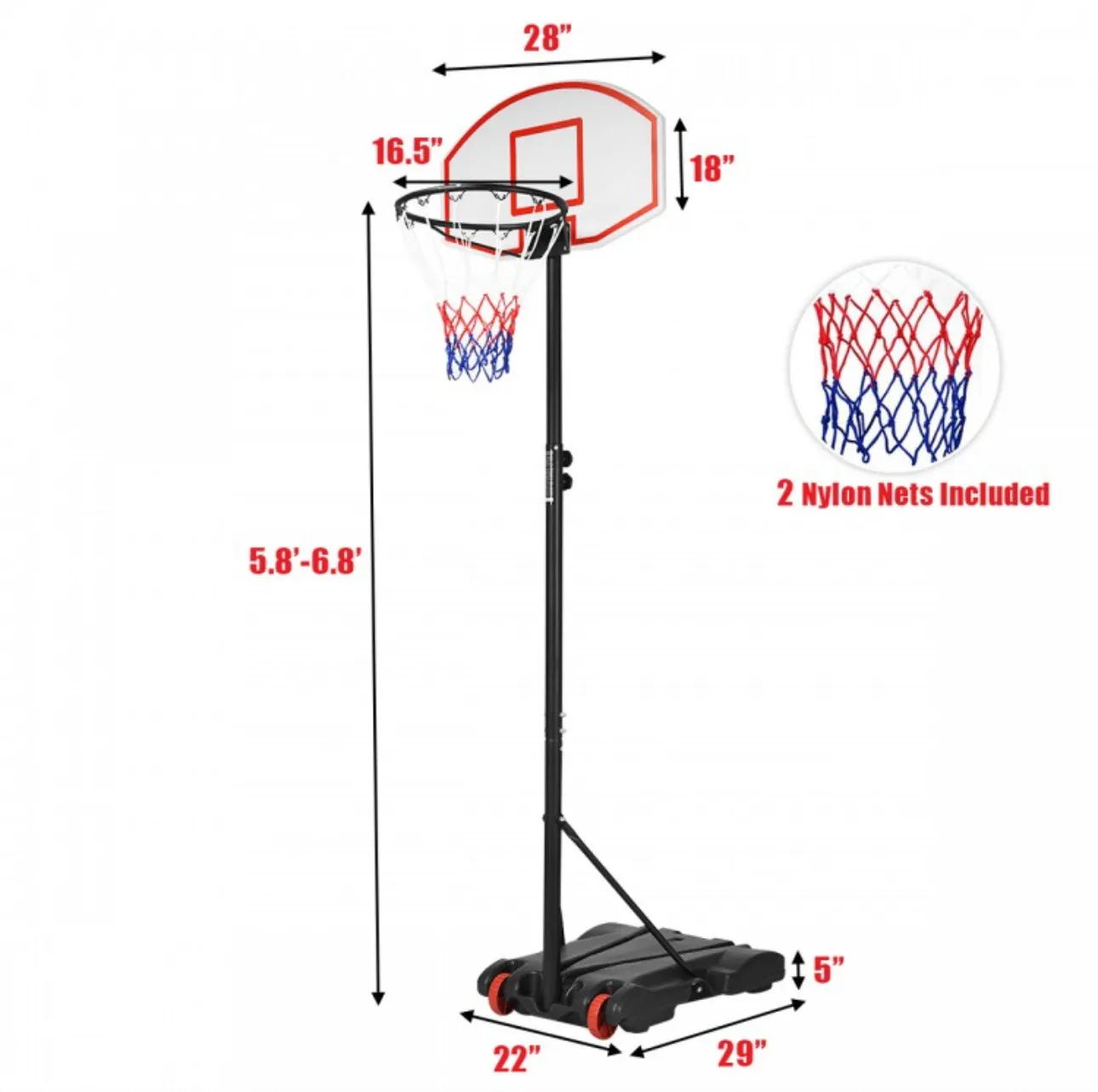 Super Cool Heavy Duty Adjustable Basketball Net / Hoop With Wheels | Stand | From 5.5ft To 7ft | Indoor | Outdoor