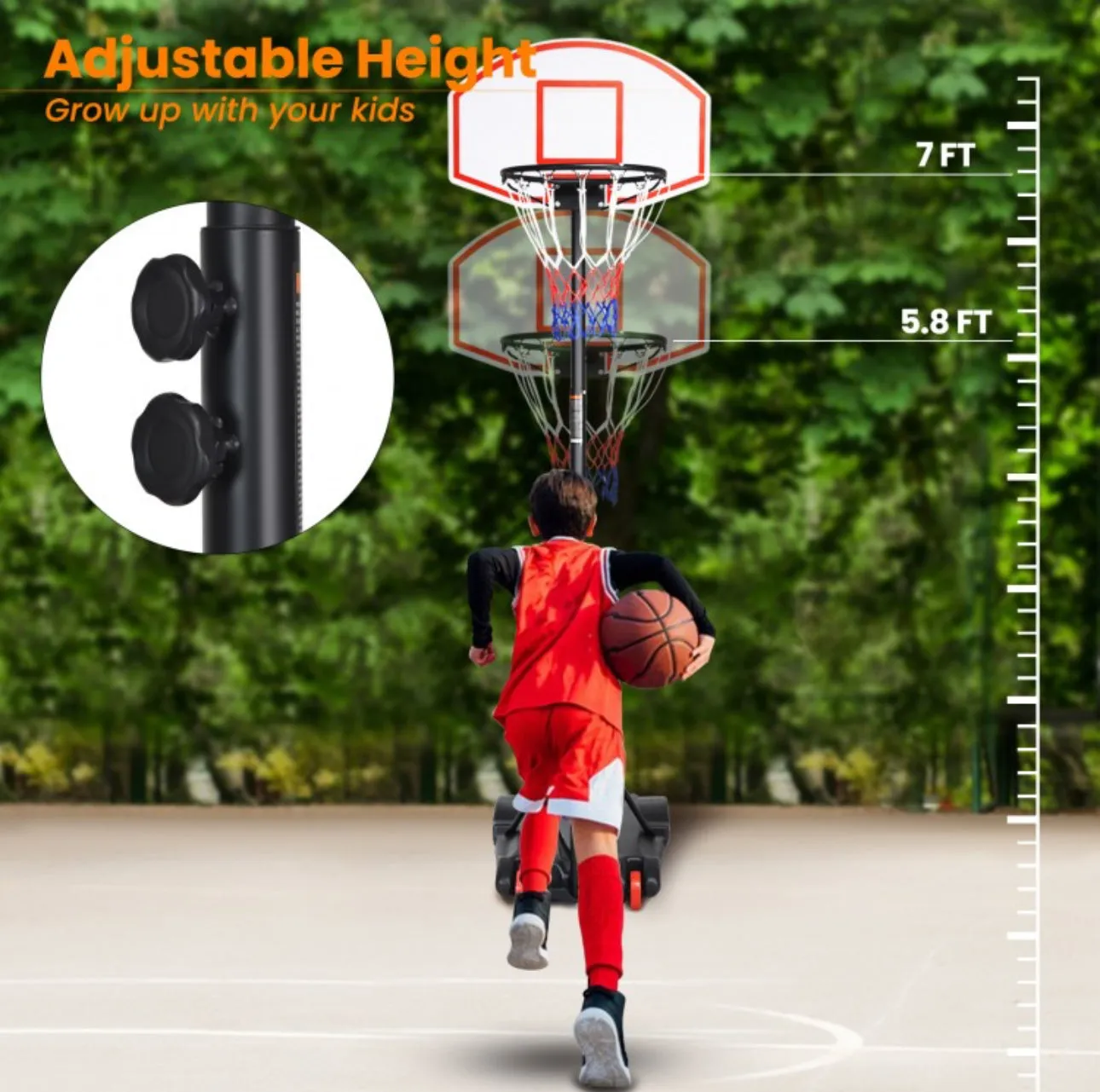 Super Cool Heavy Duty Adjustable Basketball Net / Hoop With Wheels | Stand | From 5.5ft To 7ft | Indoor | Outdoor